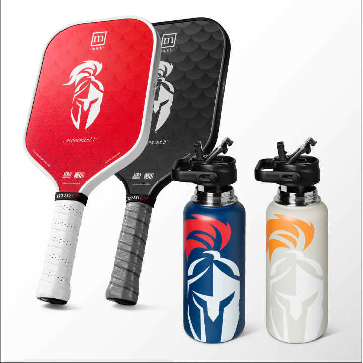 Two pickleball paddles and two branded water bottles on a white background