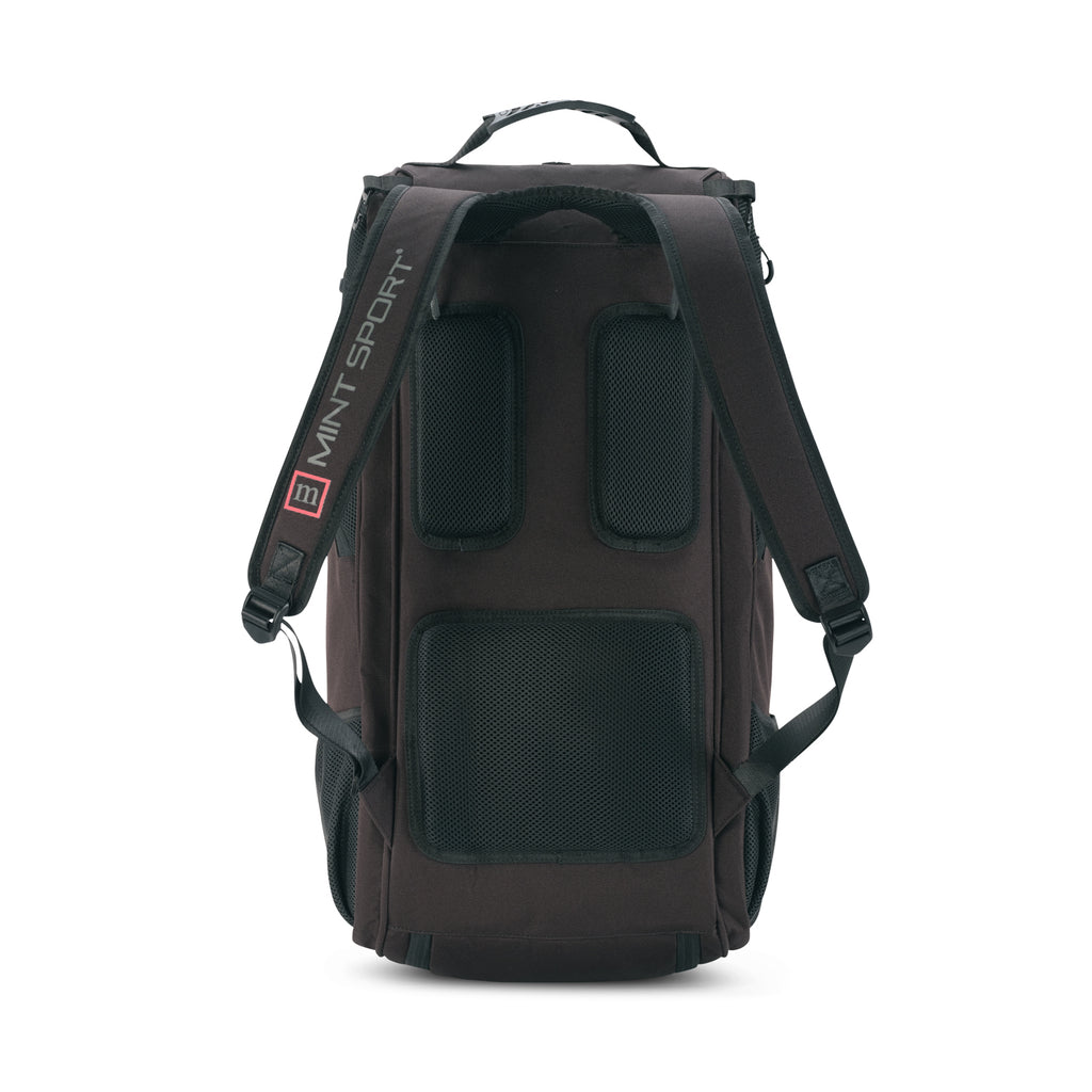 Unleash Tournament Bag in Black, back view showing the padded, ventilated back panel