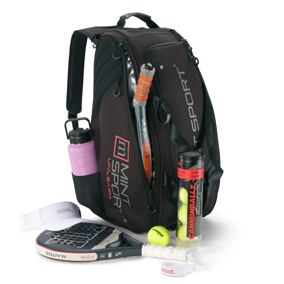 Unleash Tournament Bag in Black, packed for padel with a racket, padel balls and a water bottle