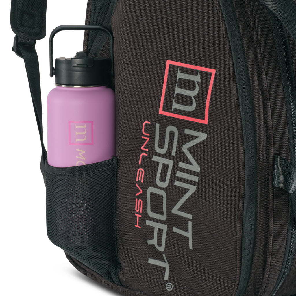 Unleash Tournament Bag in Black, water bottle in an external bottle holder