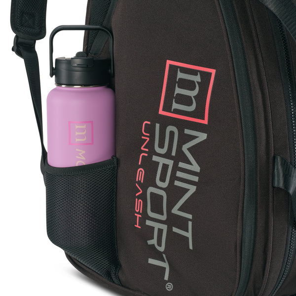 Unleash Tournament Bag in Black, water bottle in an external bottle holder