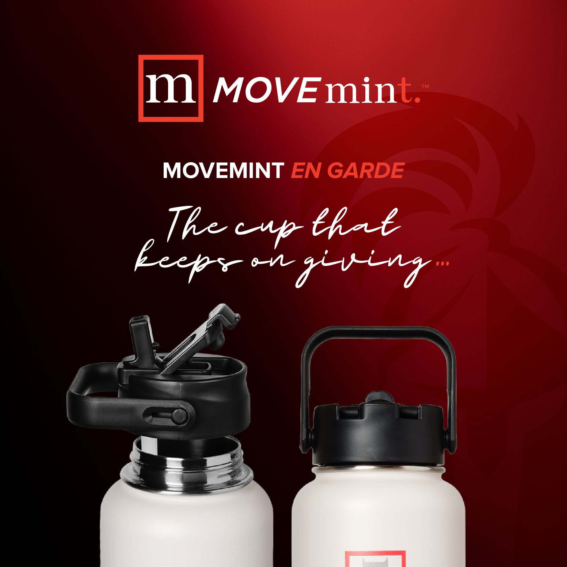 Two white water bottles with black lids on a red background with 'MOVEmint' branding.