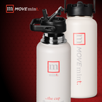 Two white water bottles with black lids on a red background, featuring the 'mOVEmint' brand.