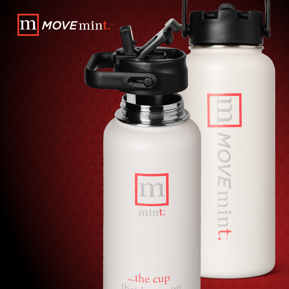 Two white water bottles with black lids on a red background, featuring the 'mOVEmint' brand.