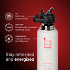 White insulated water bottle with black lid on a red background, featuring Mint brand.