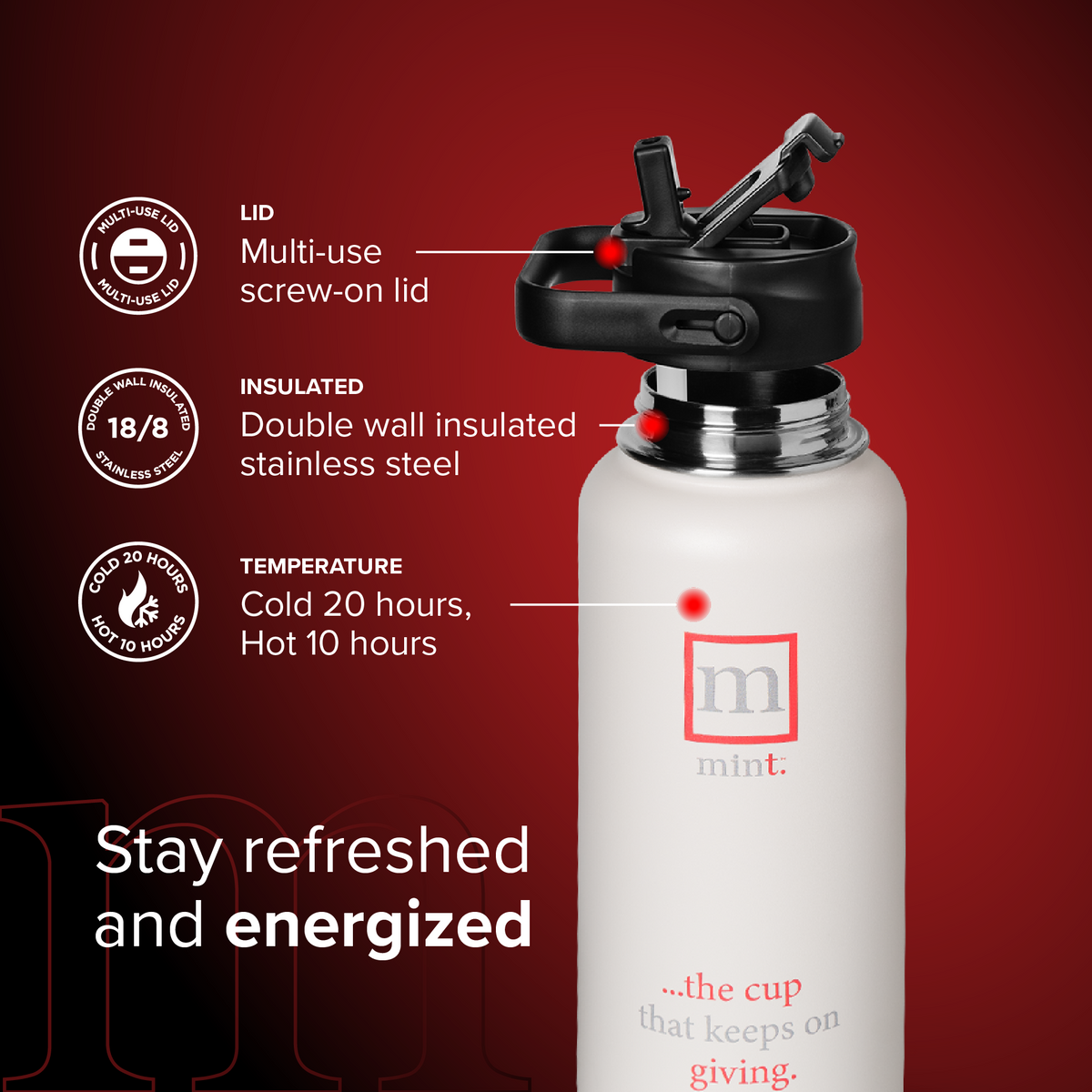 White insulated water bottle with black lid on a red background, featuring Mint brand.