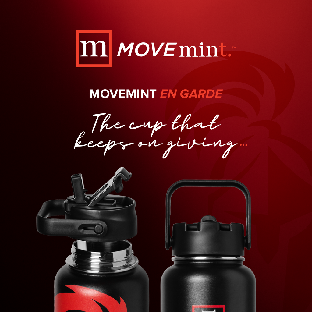 Two black water bottles with red accents on a red background featuring the 'MOVEmint' brand.
