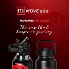 Two black water bottles with red accents on a red background featuring the 'MOVEmint' brand.