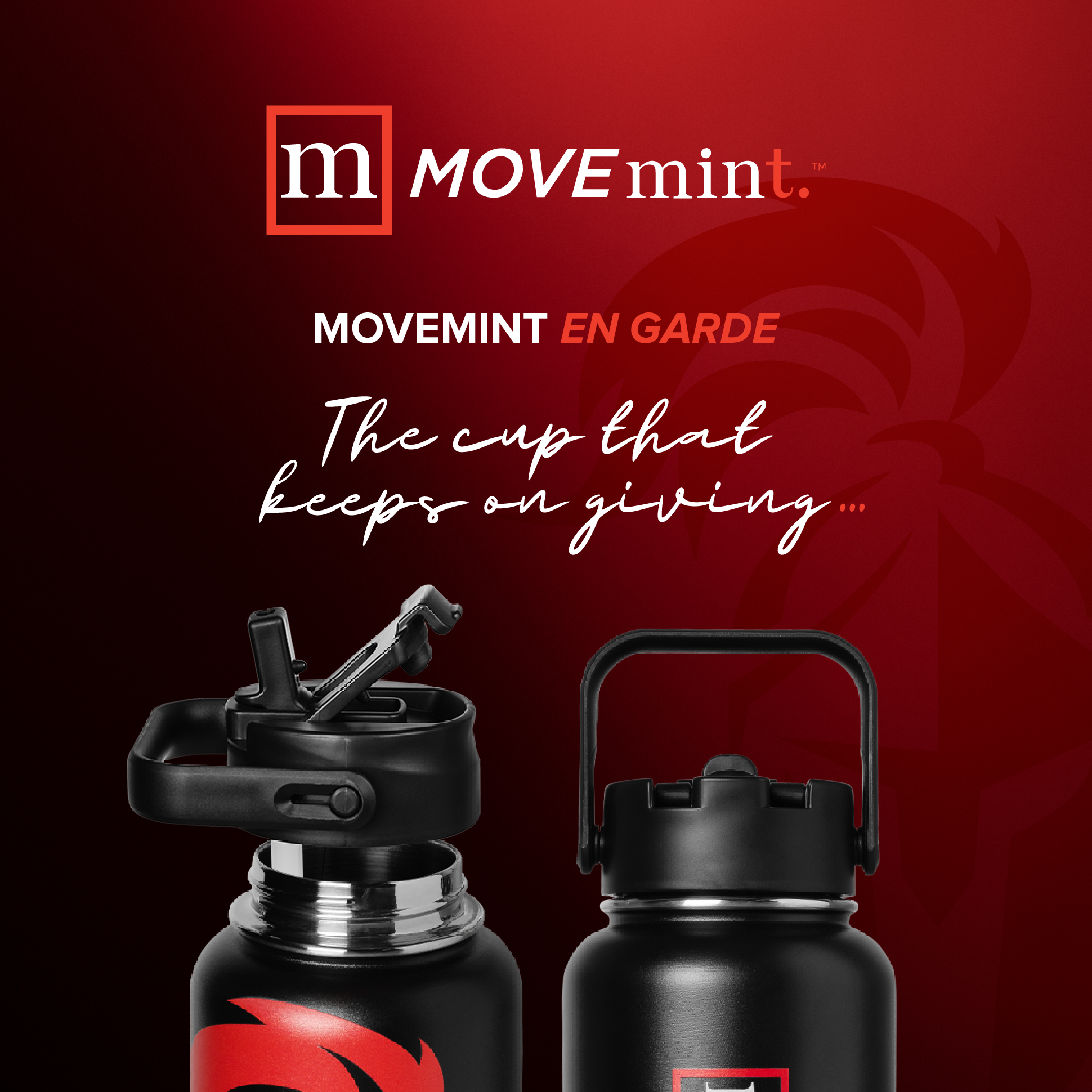 Two black water bottles with red accents on a red background featuring the 'MOVEmint' brand.
