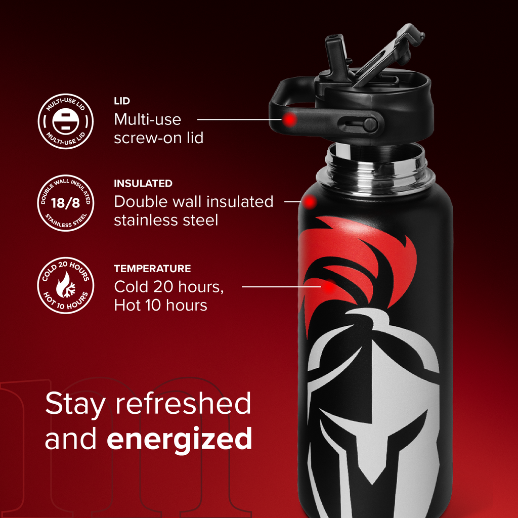 Black insulated water bottle with red and white design on a red background, featuring product features and branding.