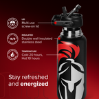 Black insulated water bottle with red and white design on a red background, featuring product features and branding.
