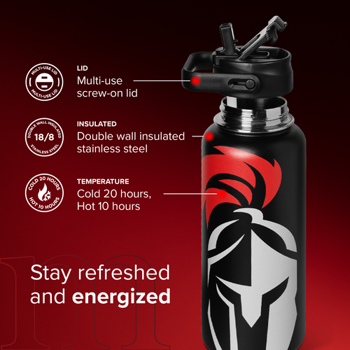 Black insulated water bottle with red and white design on a red background, featuring product features and branding.