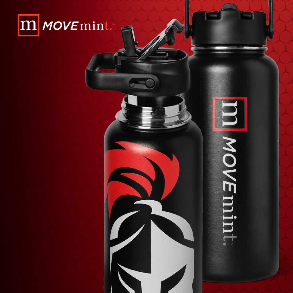 Black water bottles with red and white designs on a red background, featuring the 'mOVEmint' brand.