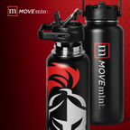 Black water bottles with red and white designs on a red background, featuring the 'mOVEmint' brand.