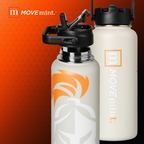 TwoMOVEmint water bottles with black lids on an orange and brown gradient background