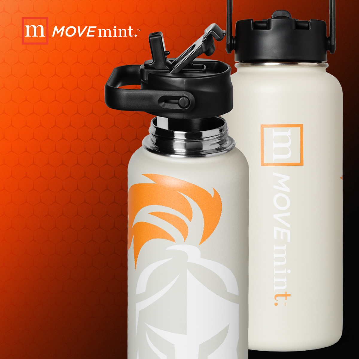 TwoMOVEmint water bottles with black lids on an orange and brown gradient background