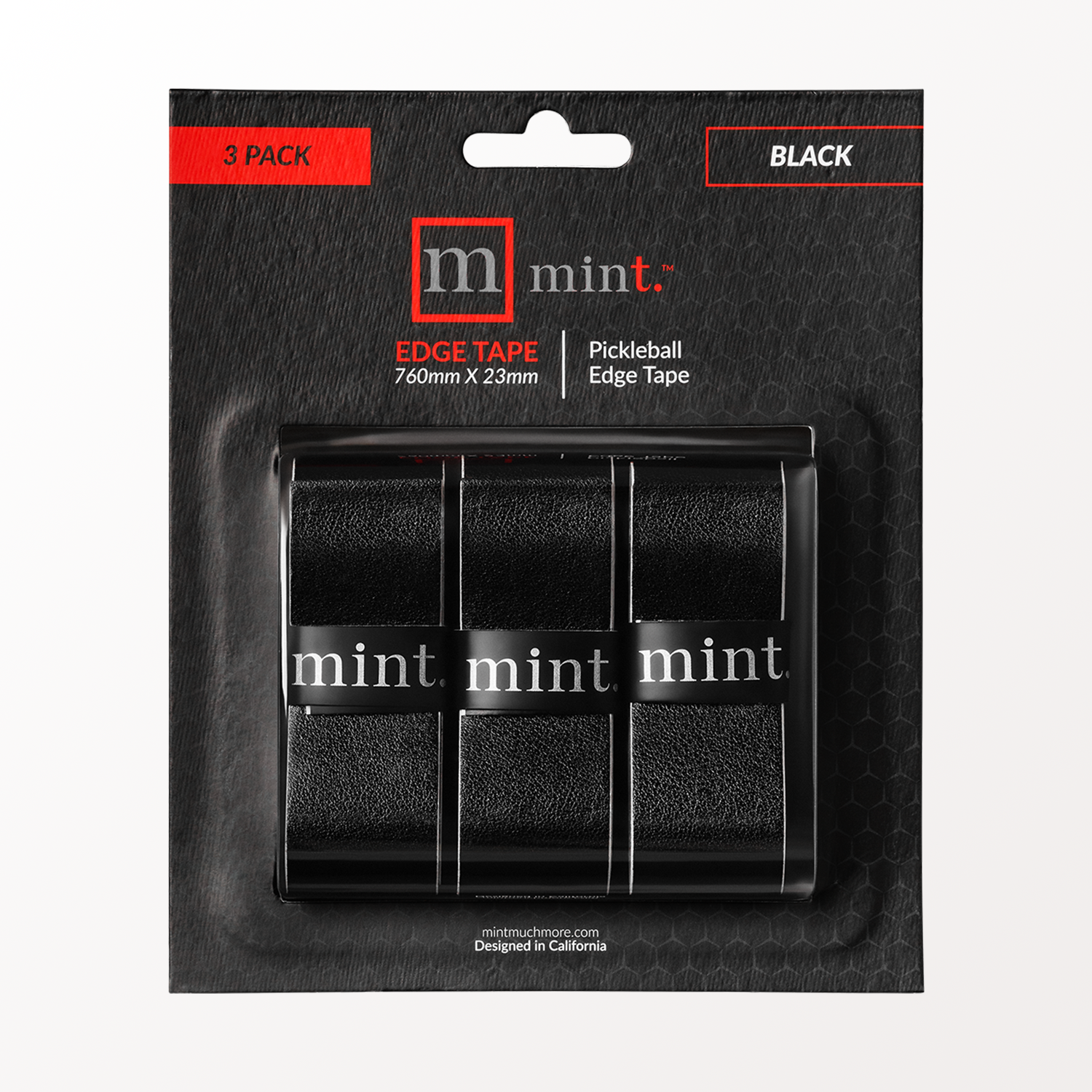 Packaging of black pickleball edge tape with 'mint' branding.