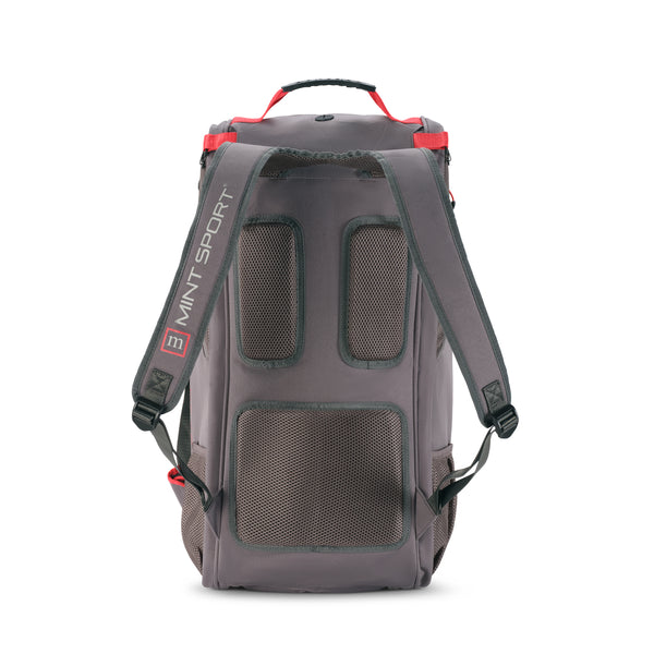 Unleash Tournament Bag in Gray, back view showing the padded, ventilated back panel