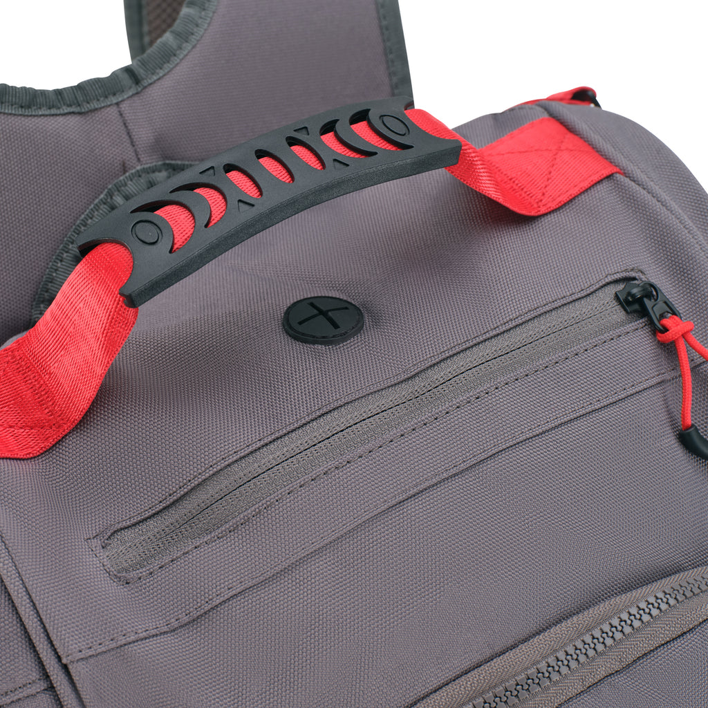 Unleash Tournament Bag in Gray, top handle and zip pocket with earphone port