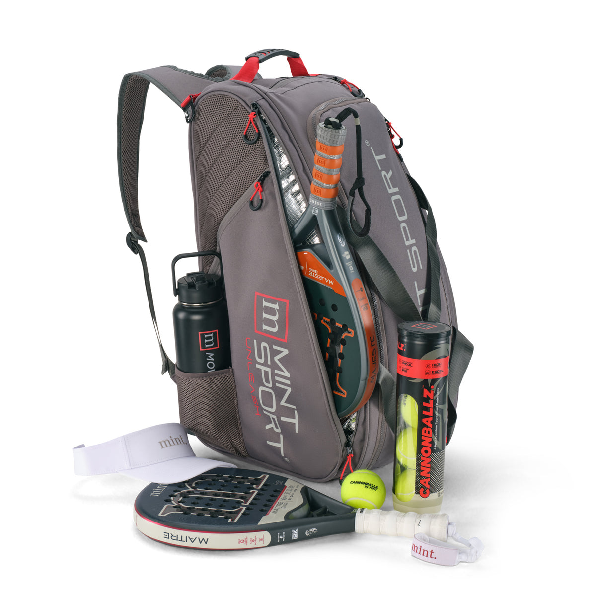 Unleash Tournament Bag in Gray, packed for padel with a racket, padel balls and a water bottle