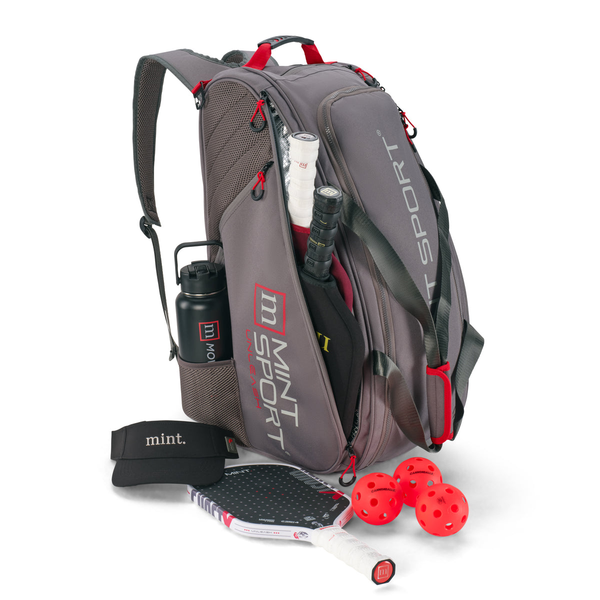 Unleash Tournament Bag in Gray, packed for pickleball with paddles, pickleballs and a water bottle