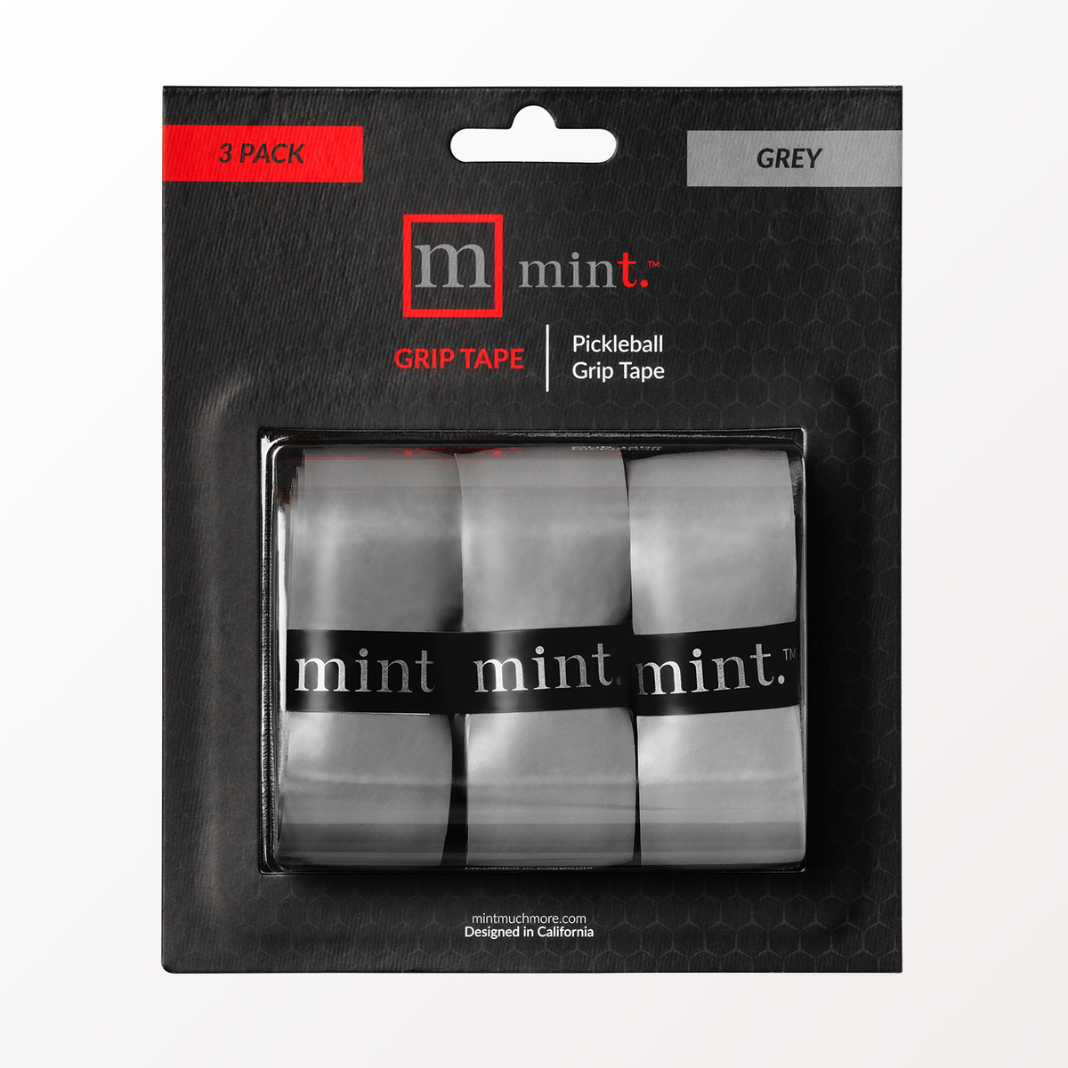 Pack of three pickleball grip tapes with 'mint.' branding on a black background