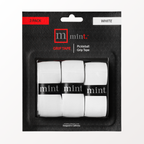 Pack of white pickleball grip tape with 'mint' branding on a black background