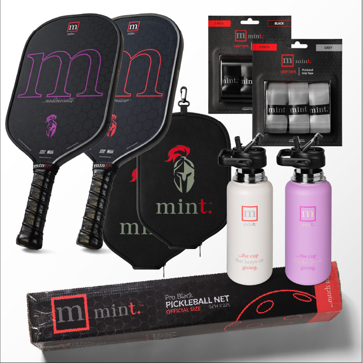 Pickleball paddles, bags, bottles, and packaging with 'mint.' branding on a gray background.