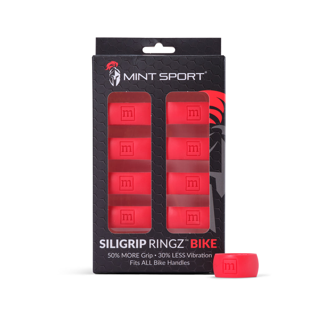 Packaging of red Siligrip Ringz Bike handlebar grips with Mint Sport branding.