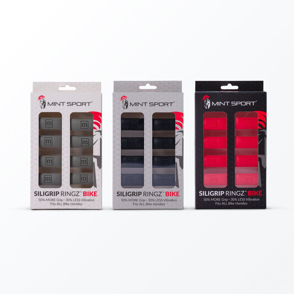 Three packages of gray, black, and red Mint Sport Siligrip Ringz Bike handlebar grips on a white background
