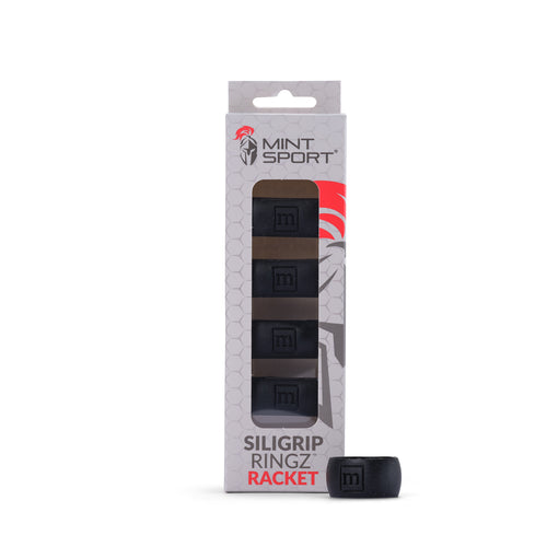 Packaged black Siligrip Ringz Racket with Mint Sport branding on a white background