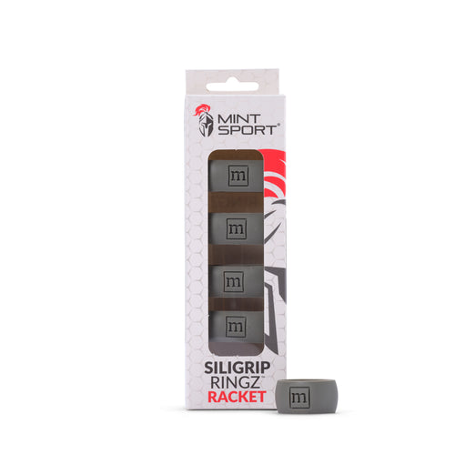 Packaged gray Siligrip Ringz Racket with Mint Sport branding on a white background