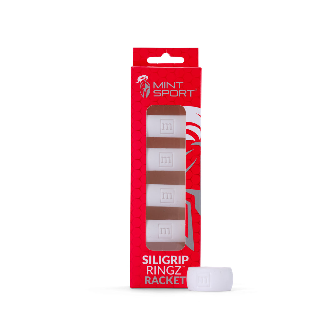 Packaged white Siligrip Ringz Racket with Mint Sport branding on a white background