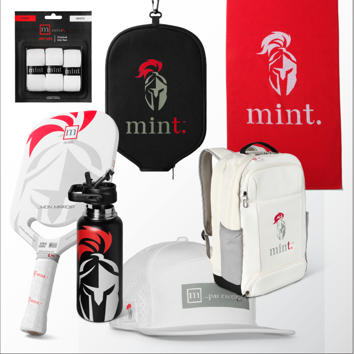 Collection of sports equipment with mint brand logo on a white background
