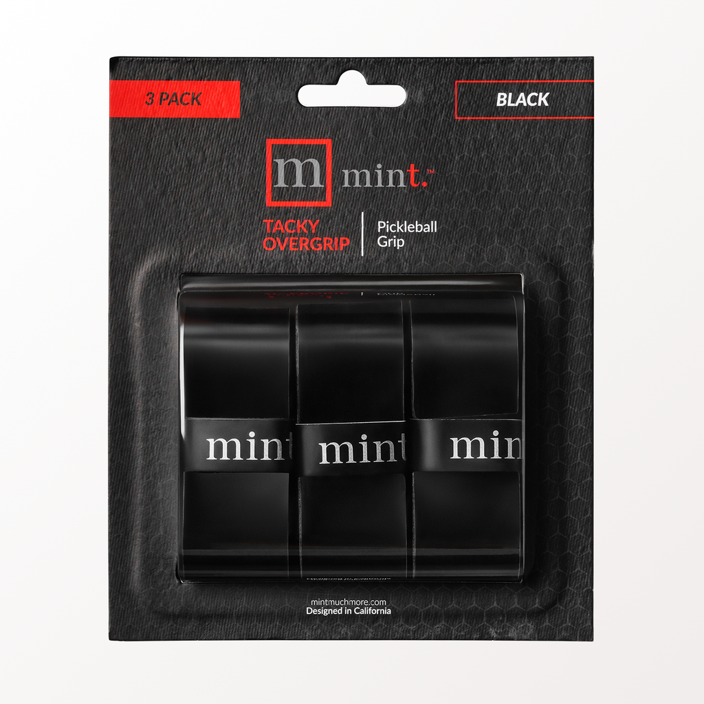 Packaging of black pickleball overgrips with mint brand logo
