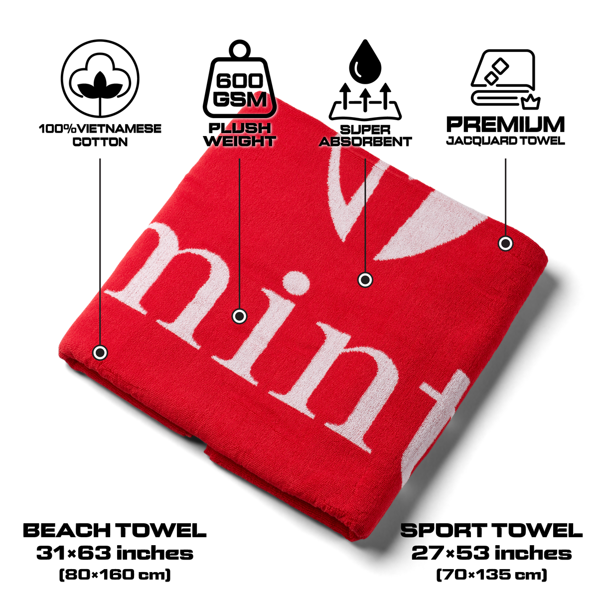 Red towel with product feature graphics on a white background.