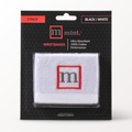 Pack of white wristbands with red and black 'm' logo on a black background