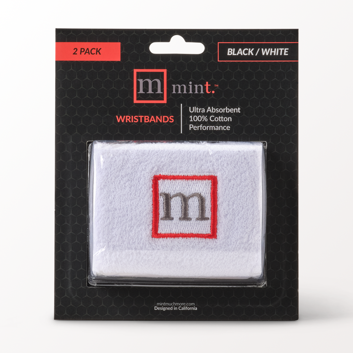Pack of white wristbands with red and black 'm' logo on a black background